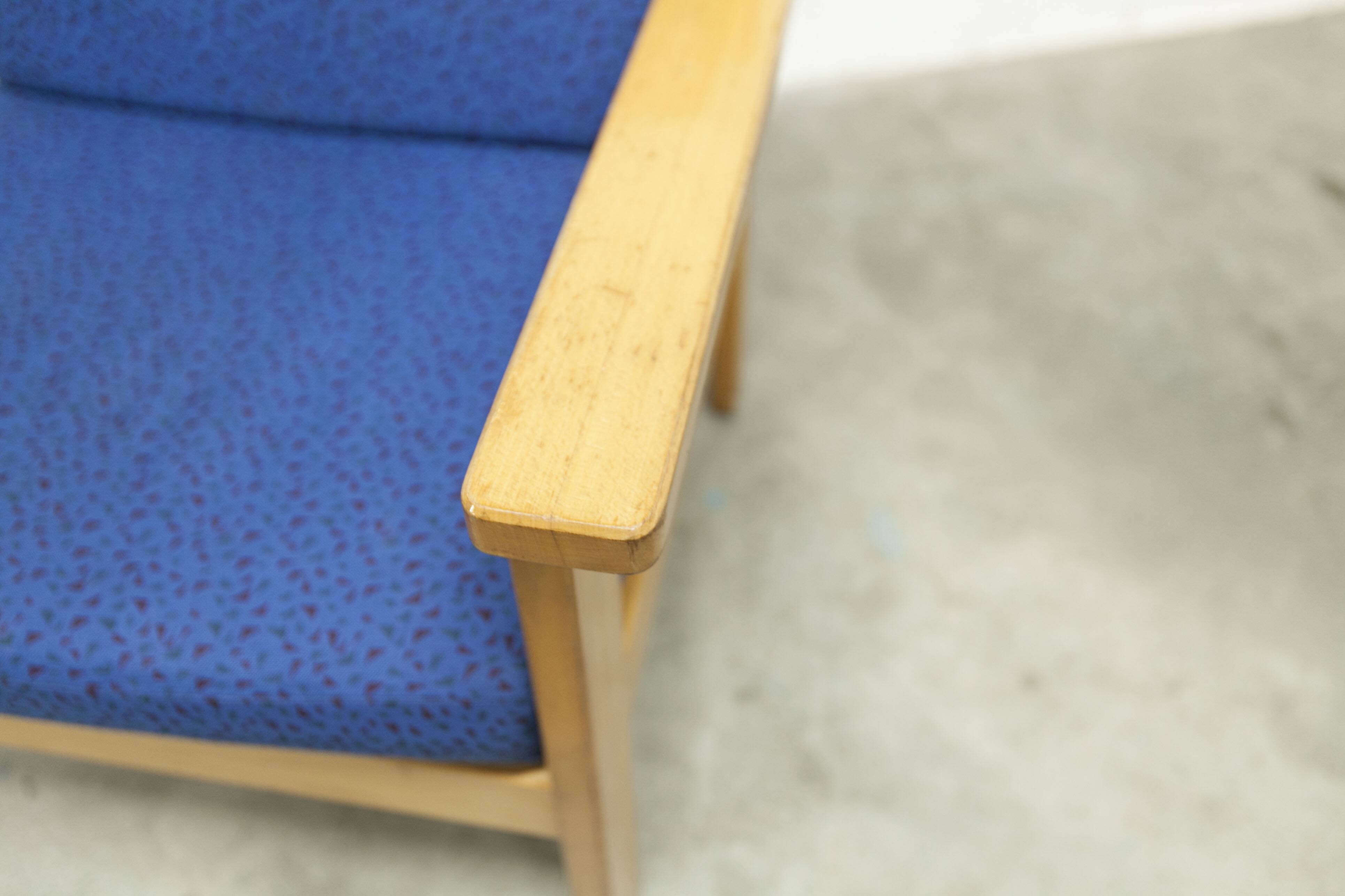 Comfortable 1980s blue and honey beech armchair