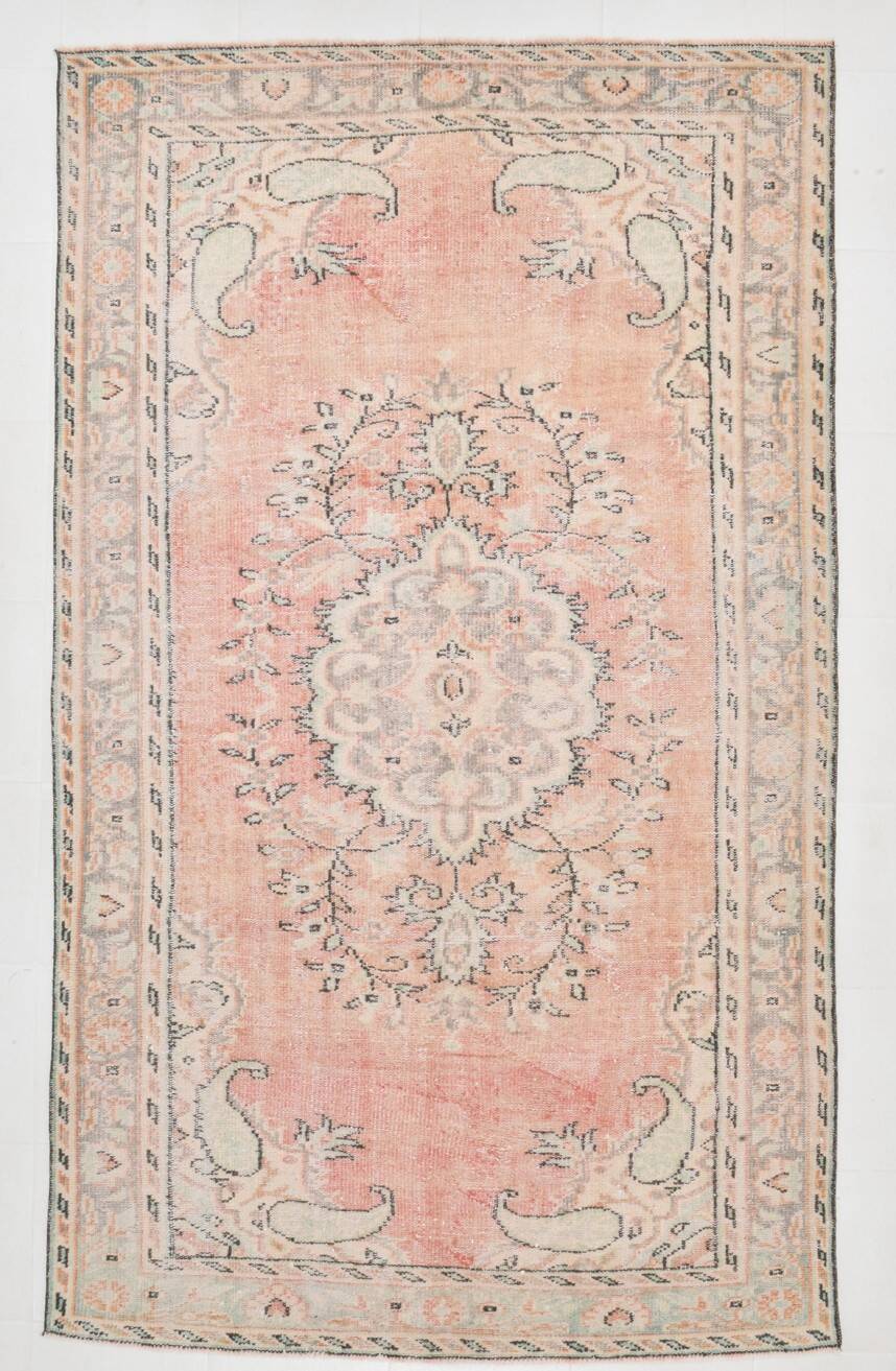 Tapis vintage oriental tons saumon et vert pastel, style faded 300x160