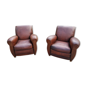 Pair of brown leather club armchairs from the 30s