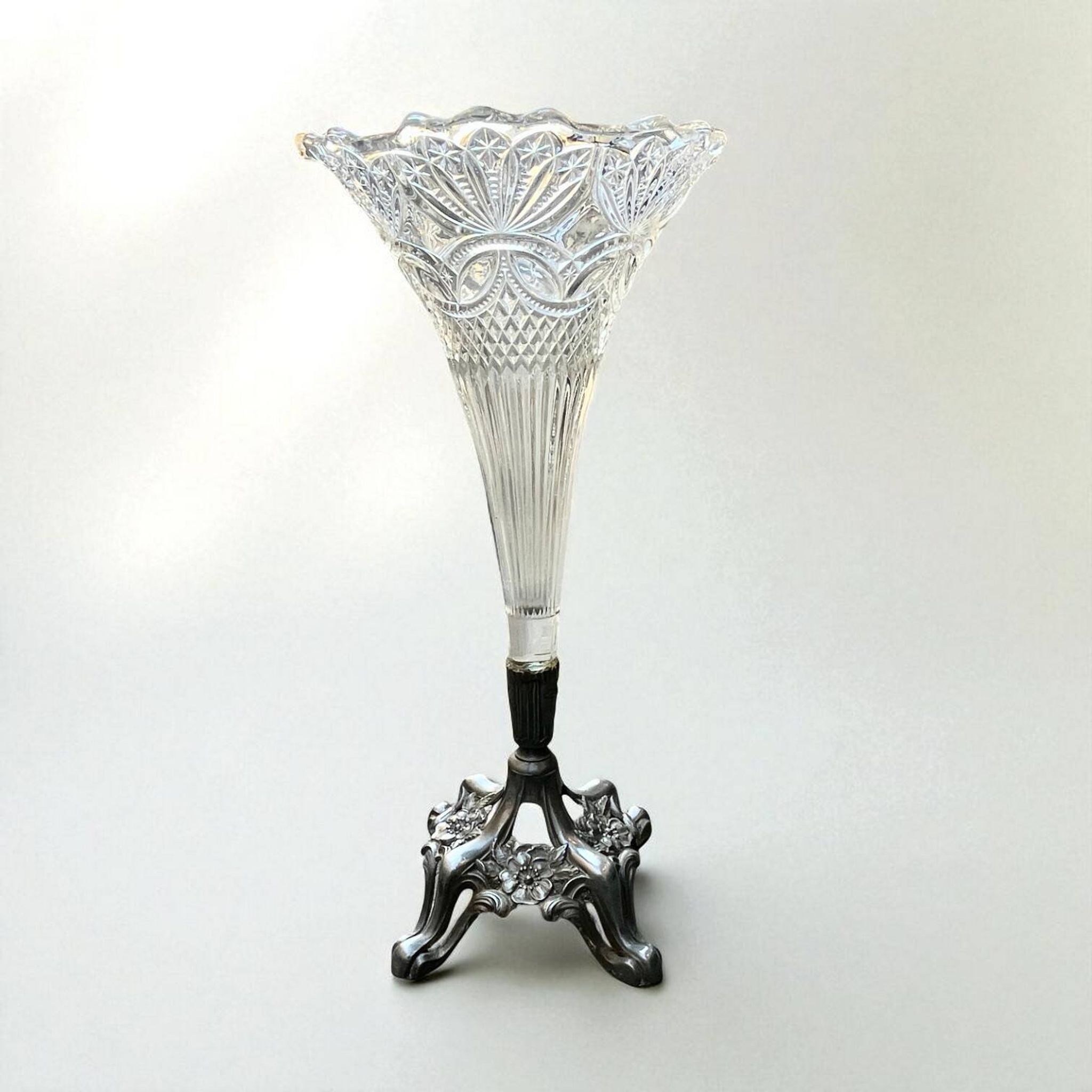 Art Nouveau glass and metal cornet vase with floral motif