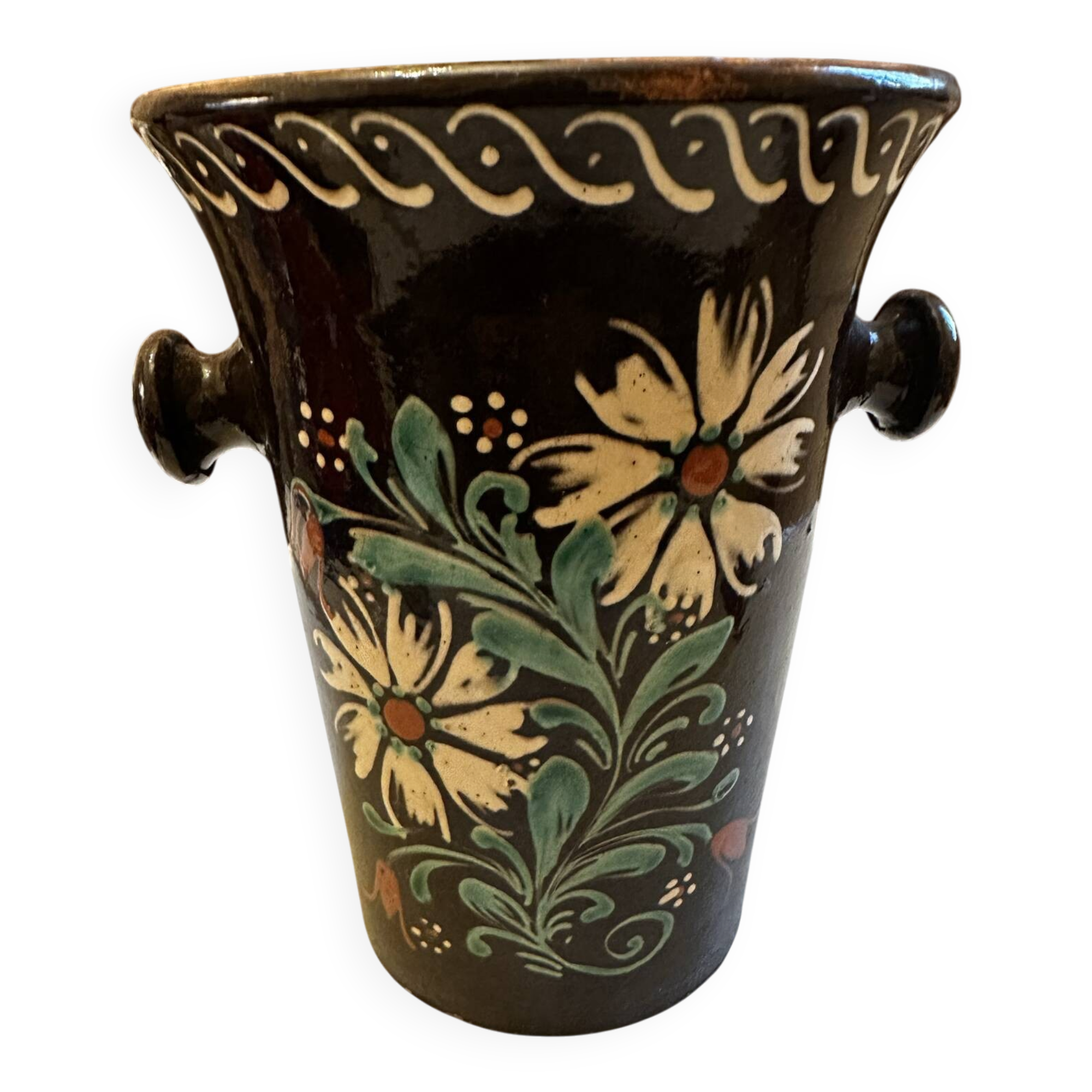 Antique white wine cooler in glazed ceramic – flora decoration