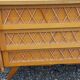 Vintage chest of drawers in light oak and rattan with tapered legs, 3 drawers from the 1950s.