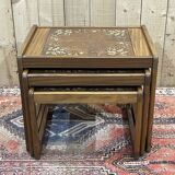 Set of 3 teak nesting tables from the 1970s, tiled top