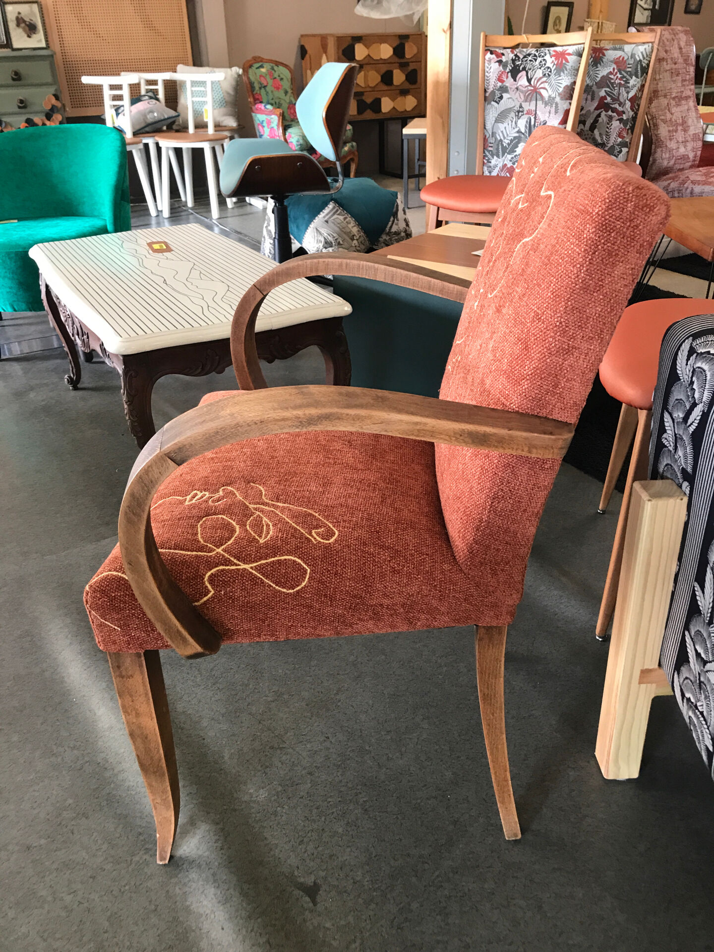 Bridge armchair from the 1940s with embroidered upholstery.