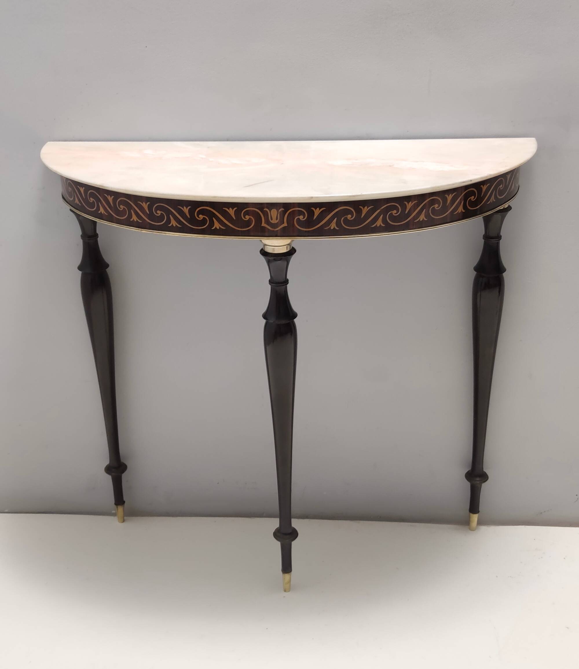 Beech and Black Walnut Console Table with a Demilune Marble Top