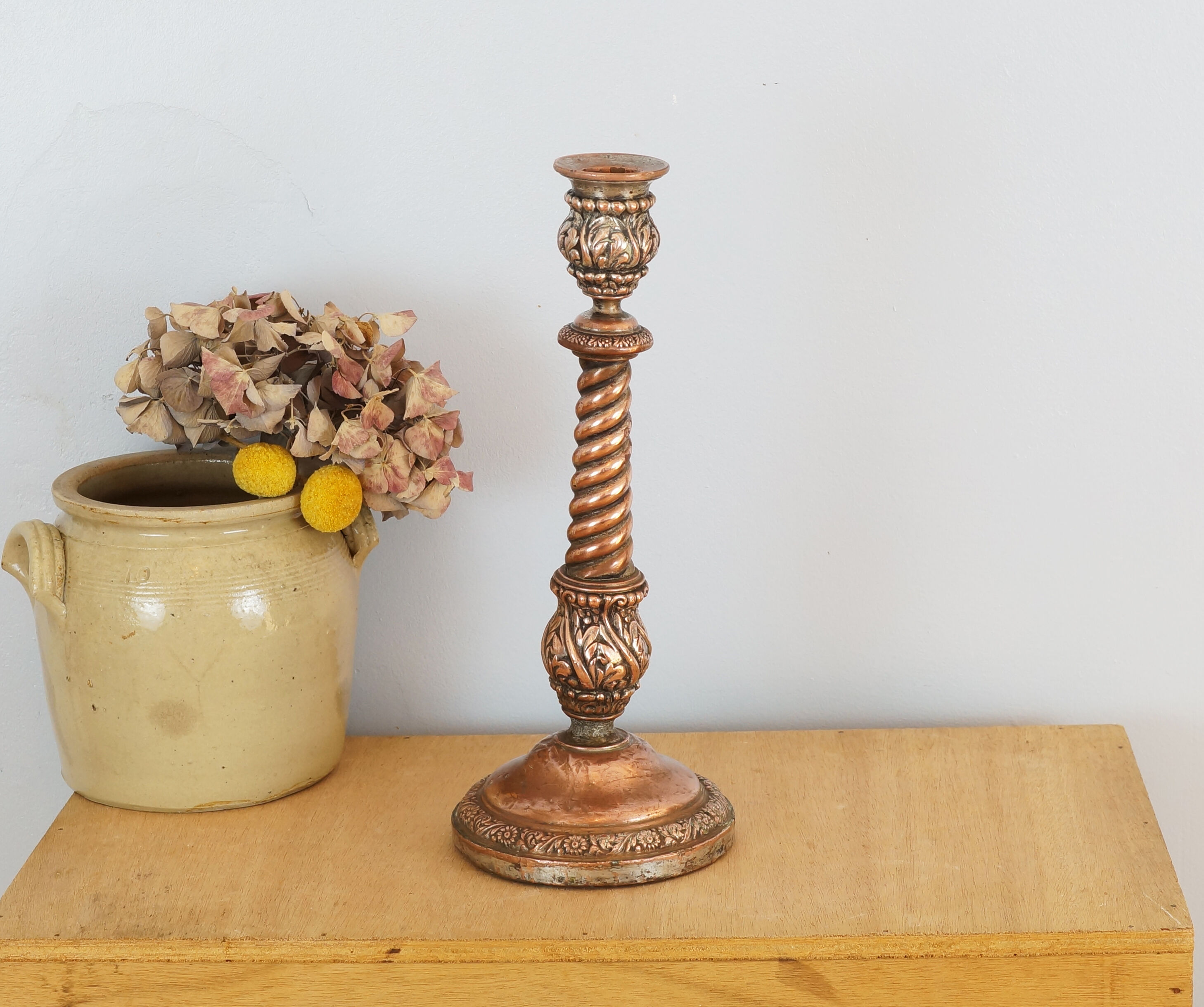 Handmade copper candle holder in hammered metal, vintage