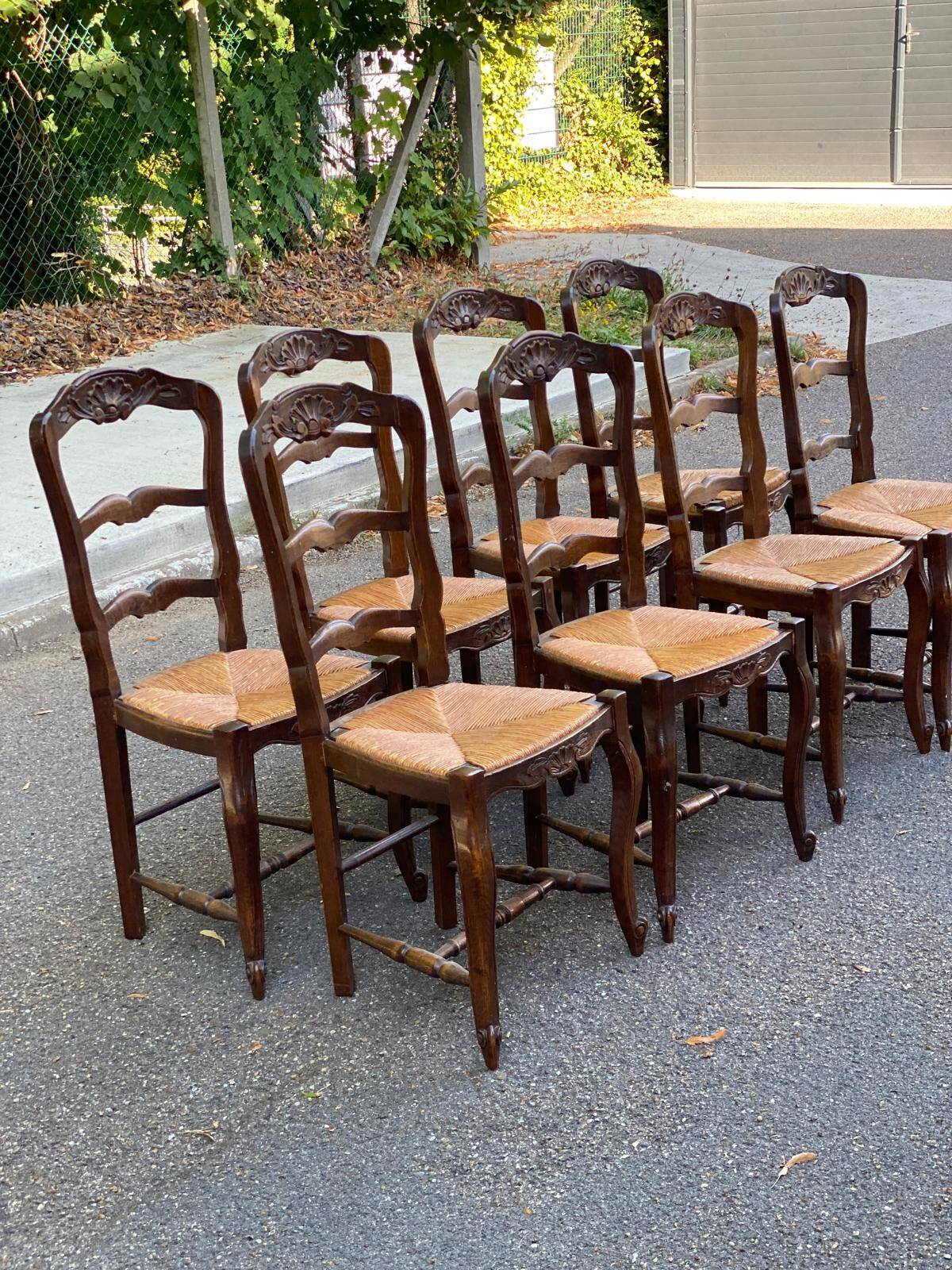 8 Louis XV solid wood straw shell chairs
