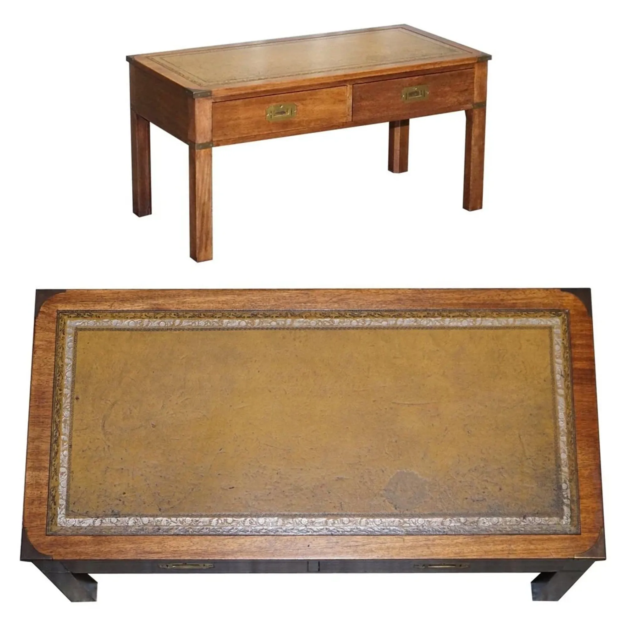 Coffee Table Military Campaign with Brown Leather Top from Harrods London