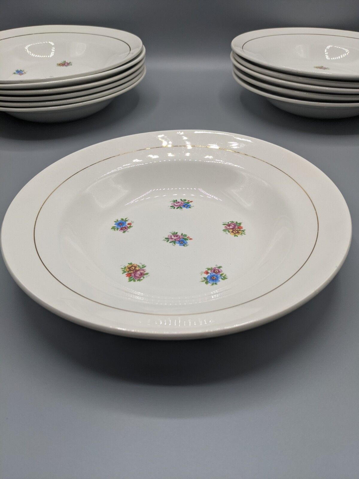 12 hollow porcelain plates, floral decoration and golden ledé - ∅: 23cm