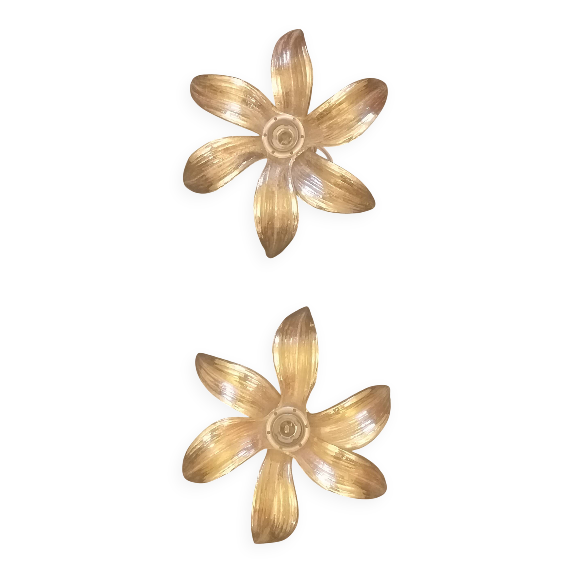 PAIR OF GOLD 1970S WALL LIGHTS - brass flowers by Willy Daro for Massive