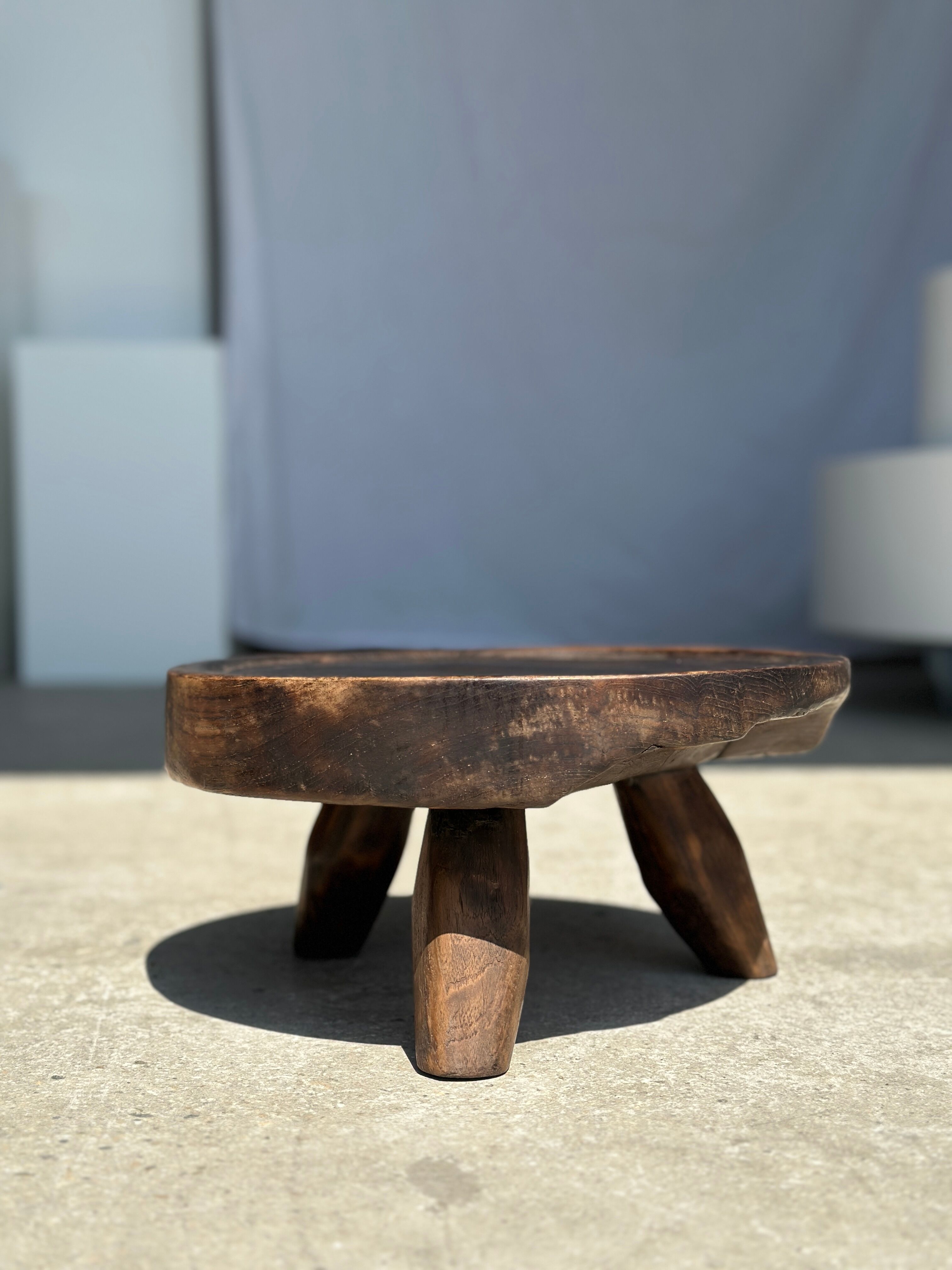 Small tripod stool low in dark brown upcycled teak