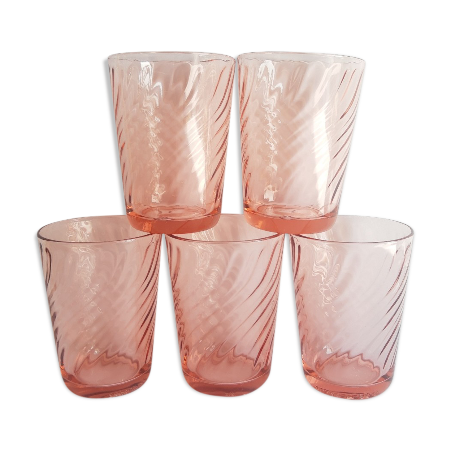 Set of 5 vintage rosaline twisted water glasses