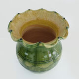 Vase, cache pot vintage en terre cuite vernissée vert. Style Anduze
