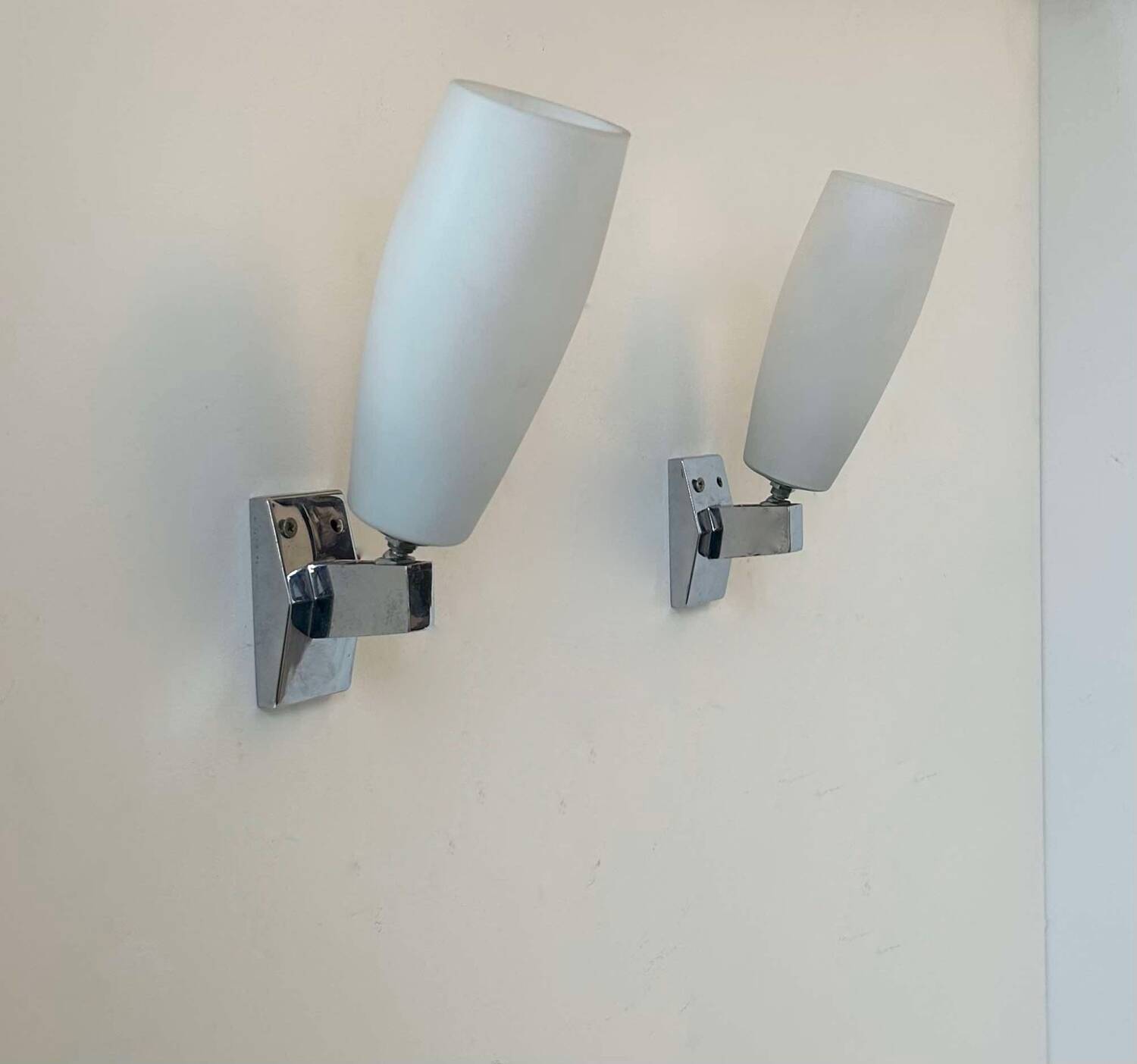 Pair of vintage adjustable wall lights, chrome and opaline, France 1970