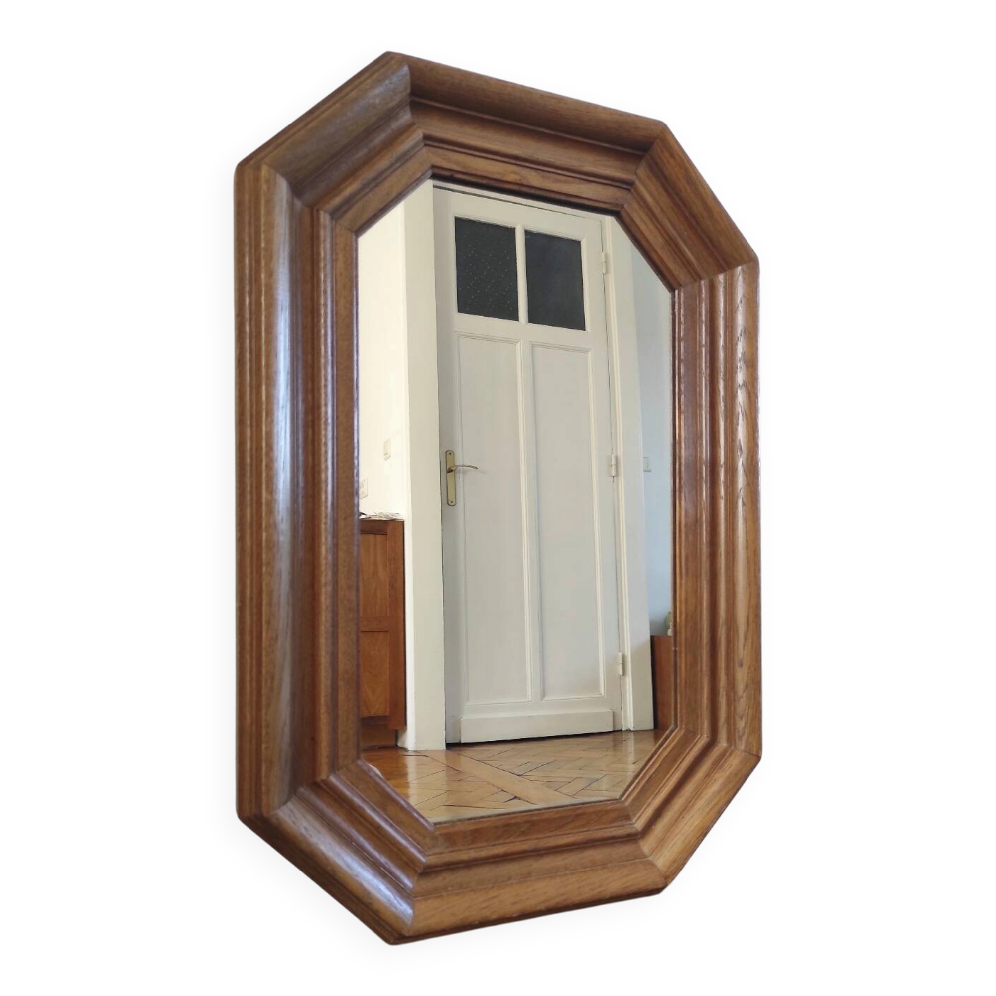 Vintage octagonal mirror in moulded oak – Belgium, circa 1970/1980