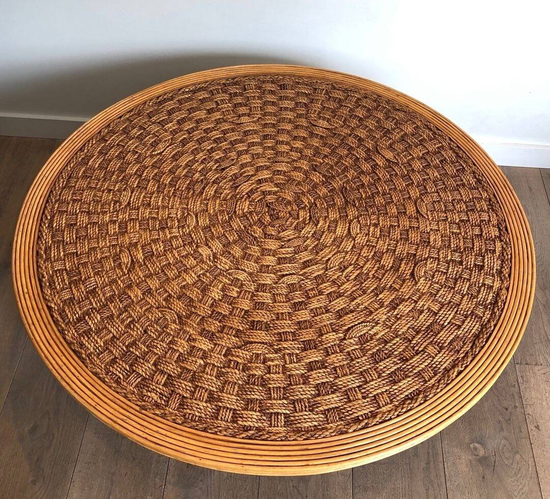 Large Round Coffee Table in Rope and Wood, in the Style of Audoux-Minet, Fra