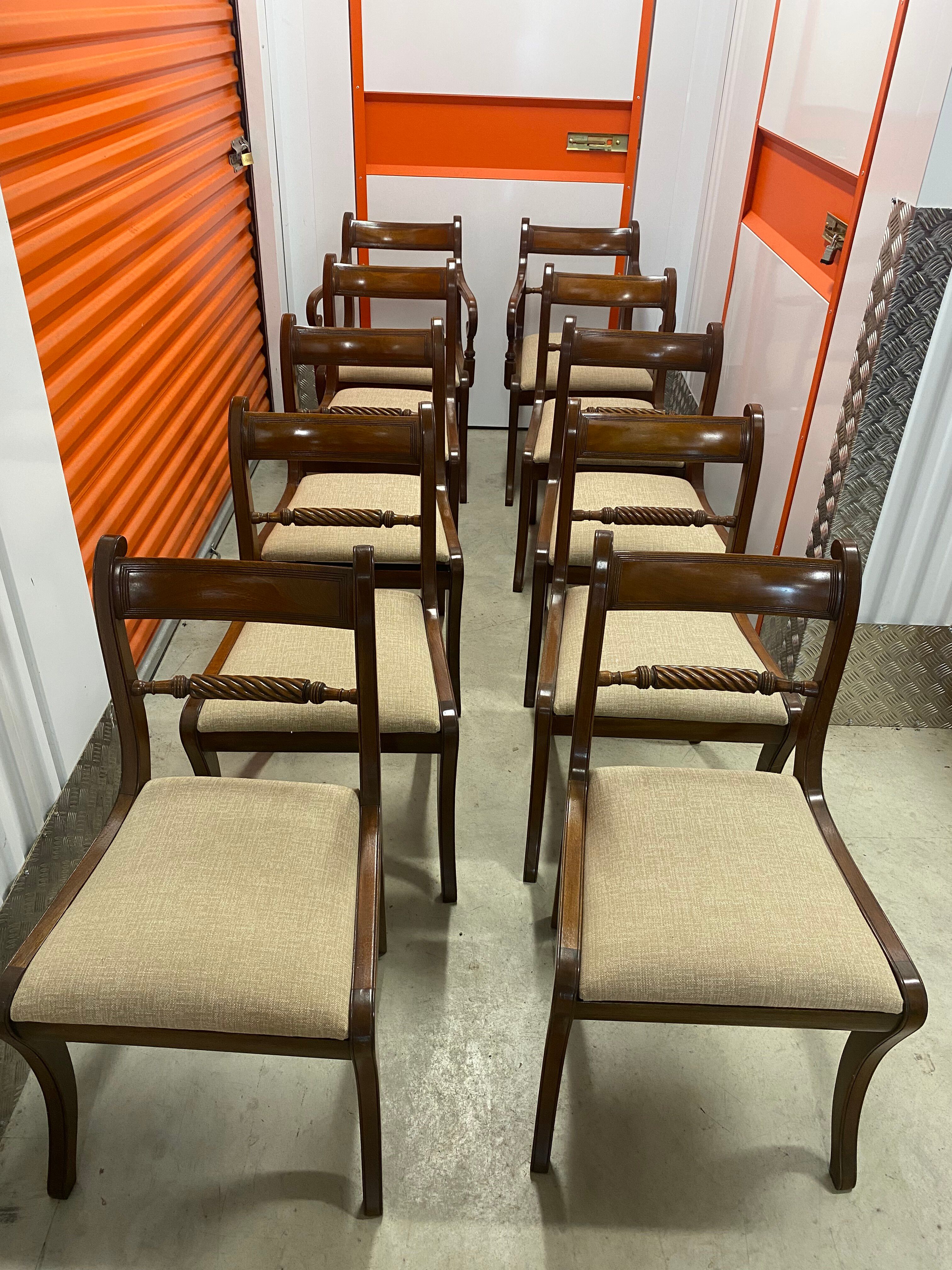 Set of 10 antique Trafalgar chairs in mahogany with twisted backrest.
