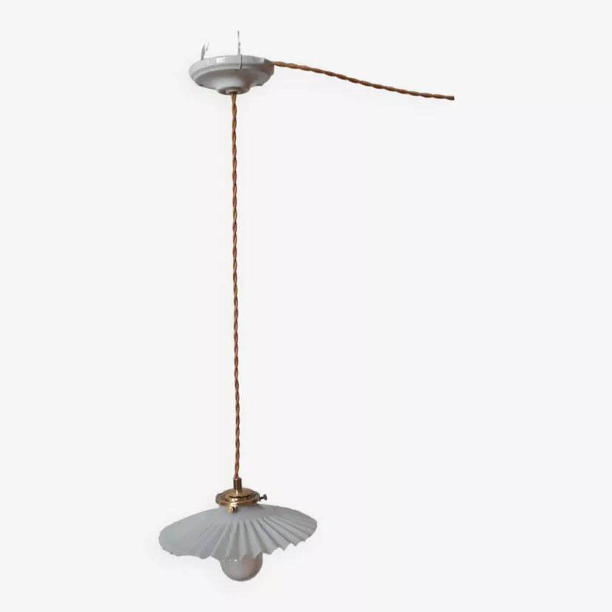 Vintage lampshade pendant light in white embossed striated opaline - 1960