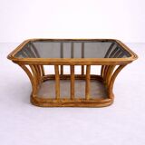 Rattan and smoked glass coffee table, vintage 1970s design.