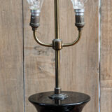 Pied de lampe ancien, faïence et laiton