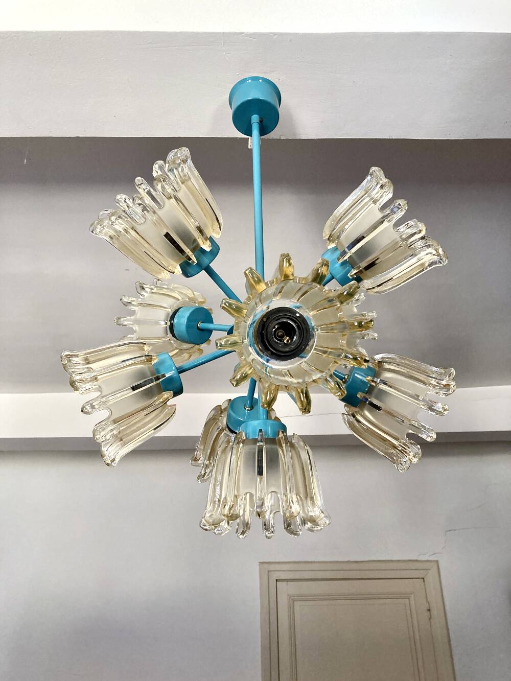 Turquoise glass and metal chandelier with 9 lights, Leclaire & Schäfer, 1960