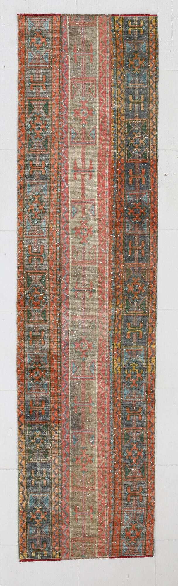 2x9 Vintage Coral Orange & Green Turkish Runner Rug, 70x275Cm