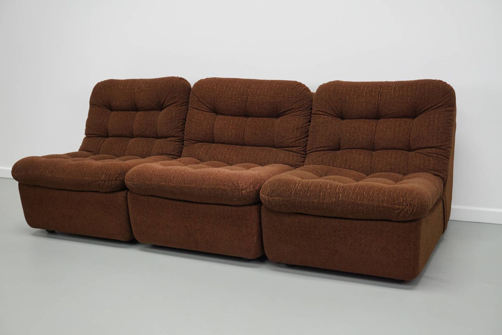 Vintage German brown boucle modular 3-seater sofa, 1970s.