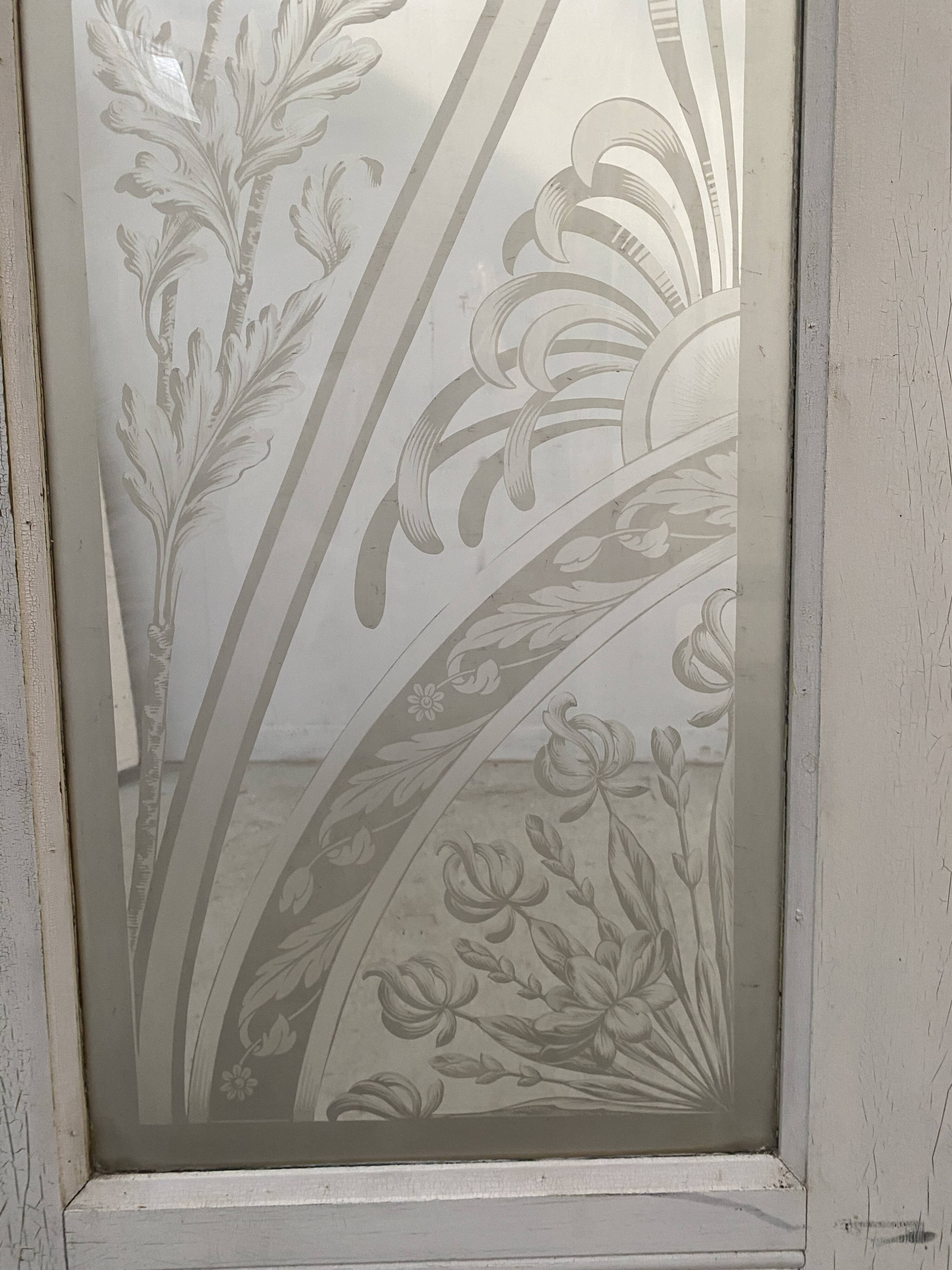 Double dividing door in wood and etched glass, 20th century