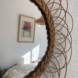 Vintage 1960s sun flower rattan wicker mirror - 49 cm