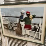 Old Color Print Sailor Children On The Naval Port + Green Wood Frame #B540
