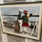 Old Color Print Sailor Children On The Naval Port + Green Wood Frame #B540