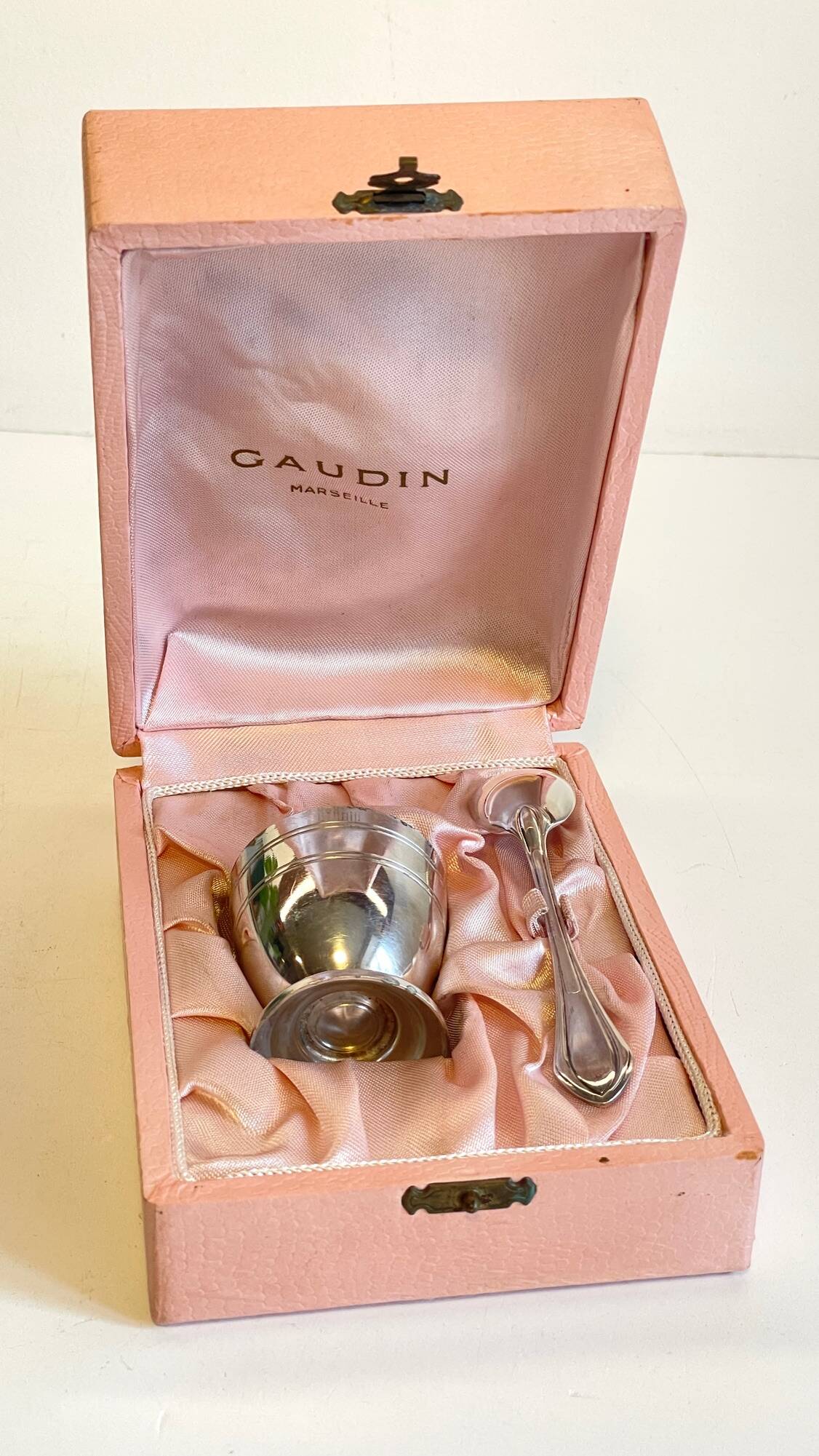 Vintage Silver-Plated Metal Egg Cup and Spoon for Birth