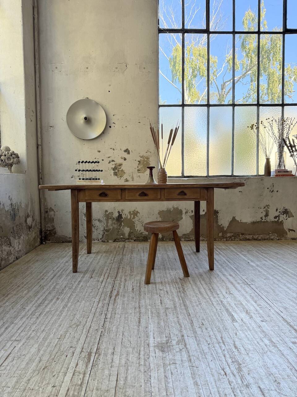 1950s pine and oak farmhouse table with multiple drawers