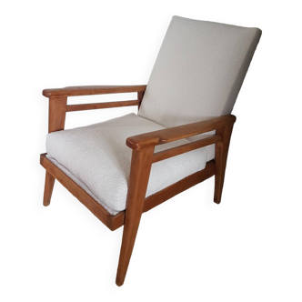 Fauteuil type scandinave en bois massif, retapissé