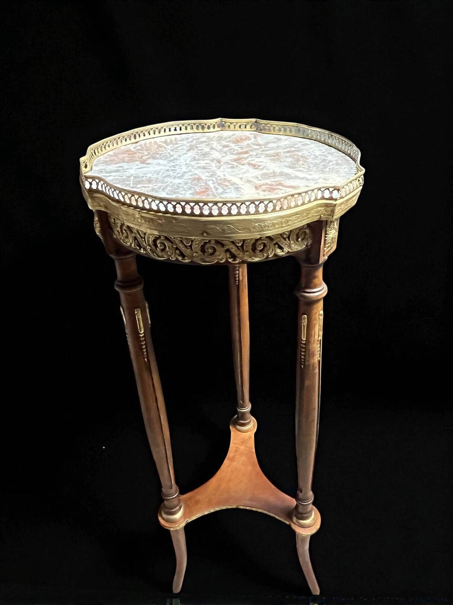 Louis XVI style tripod pedestal table, marble and brass, late 19th century