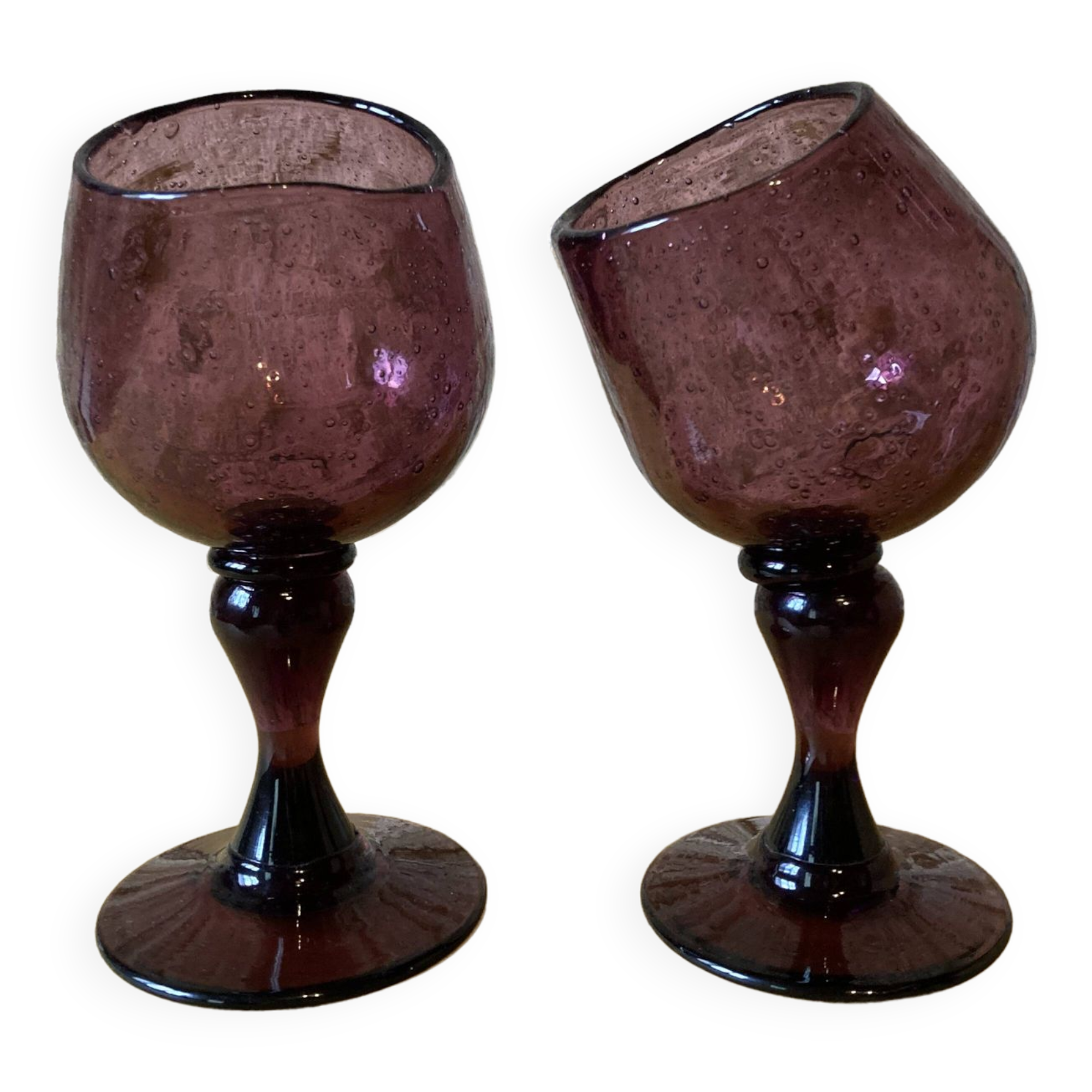 Duo of purple tinted bubbled glass cups