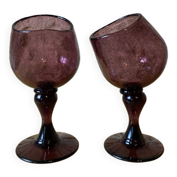 Duo of purple tinted bubbled glass cups