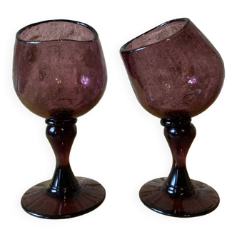 Duo de coupes en verre bullé teinté violet
