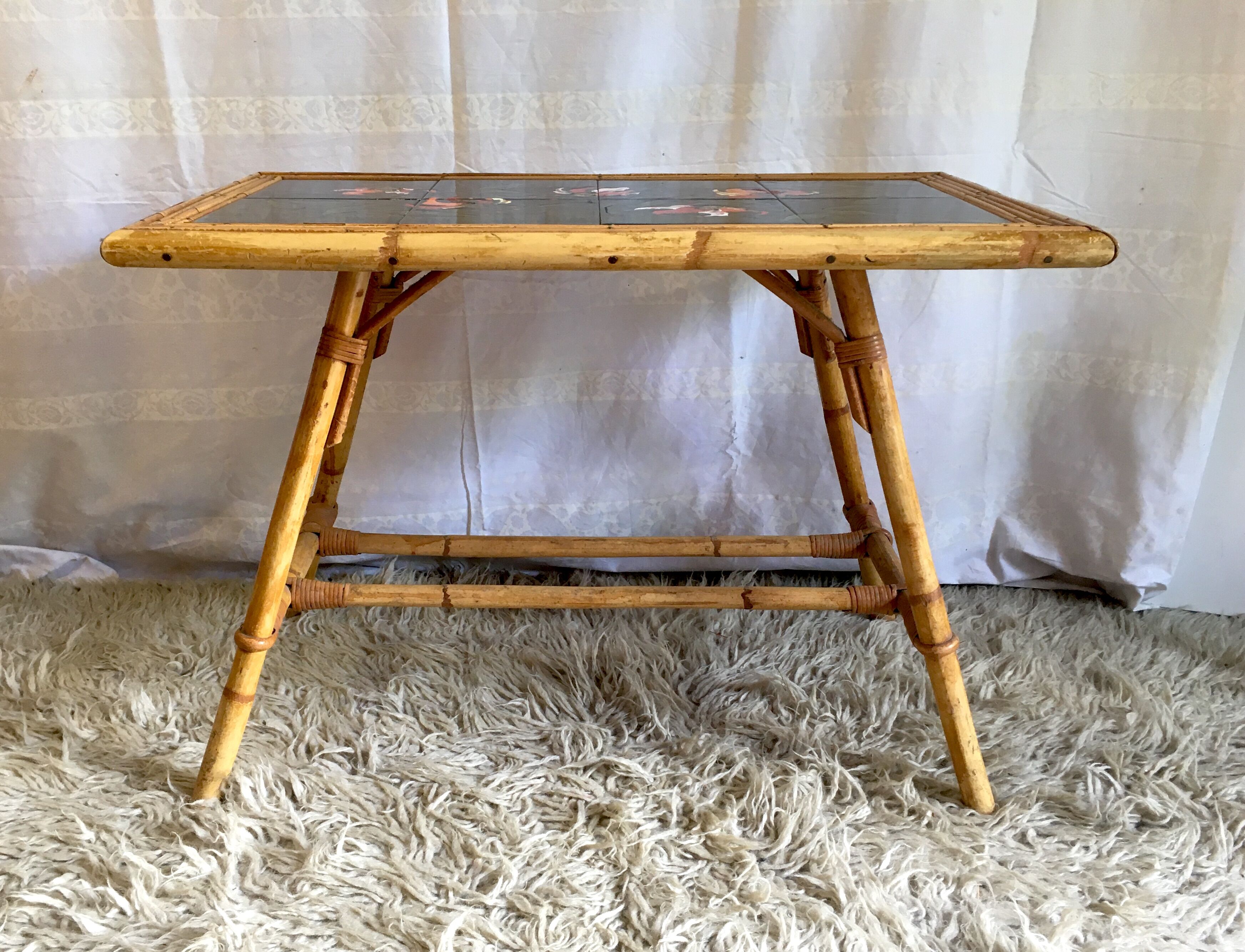 Vallauris rattan coffee table and earthenware - 1950s