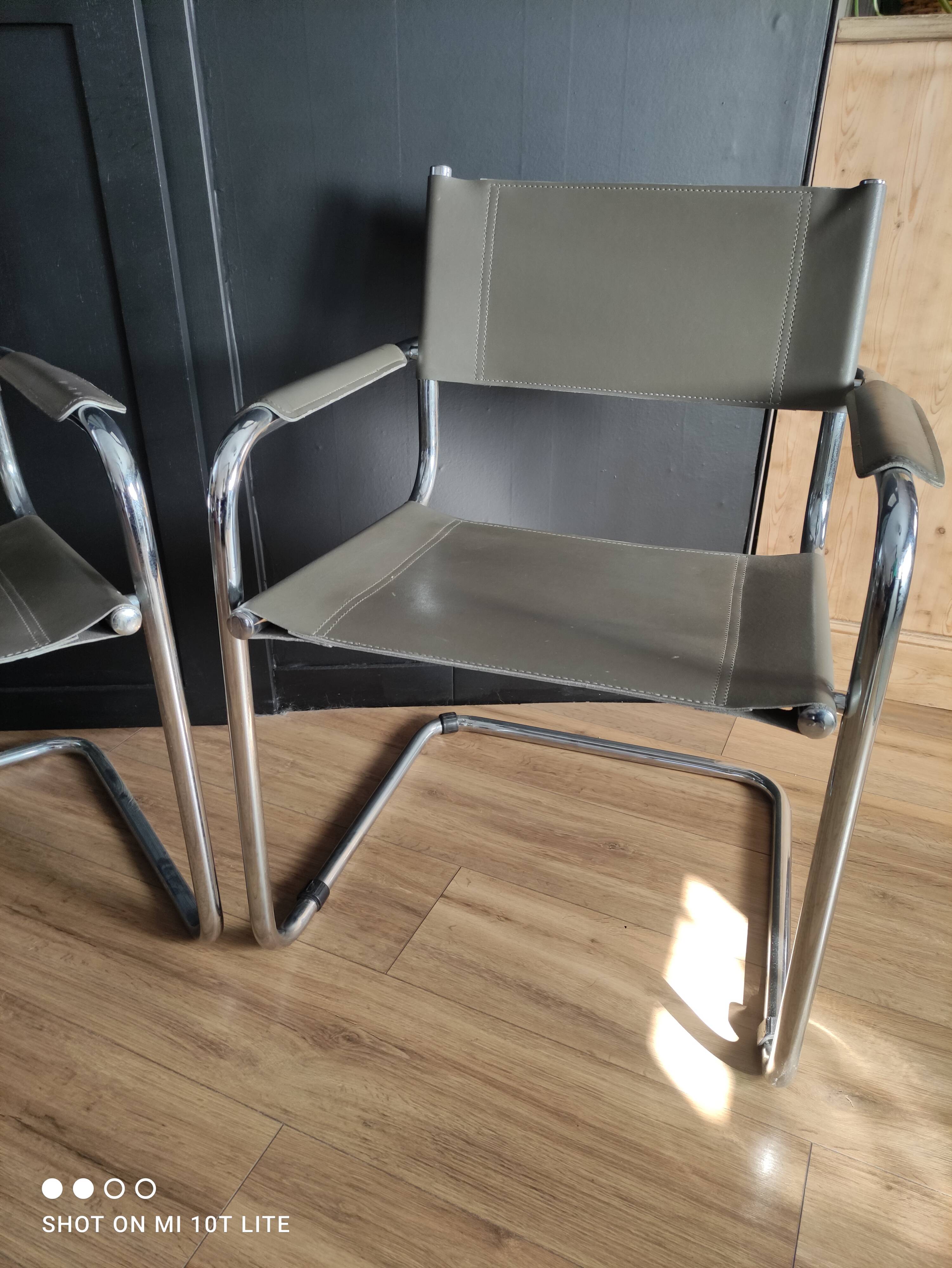 Pair of taupe Cantilever armchairs with chrome base