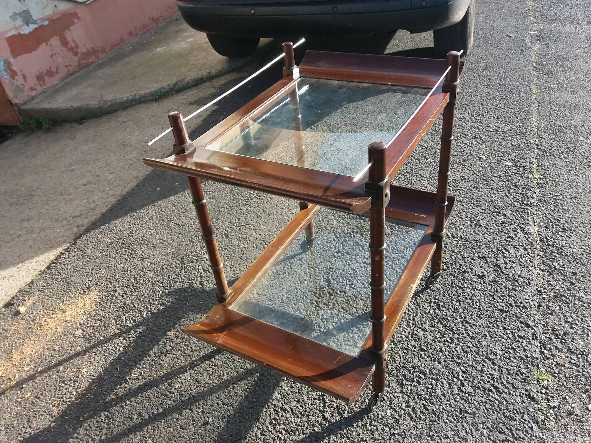 Bar rolling serving double trap pagoda wood and glass 1950s mahogany
