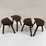 Series of 4 small tripod stools with half-moon seat and beaded turned wood legs