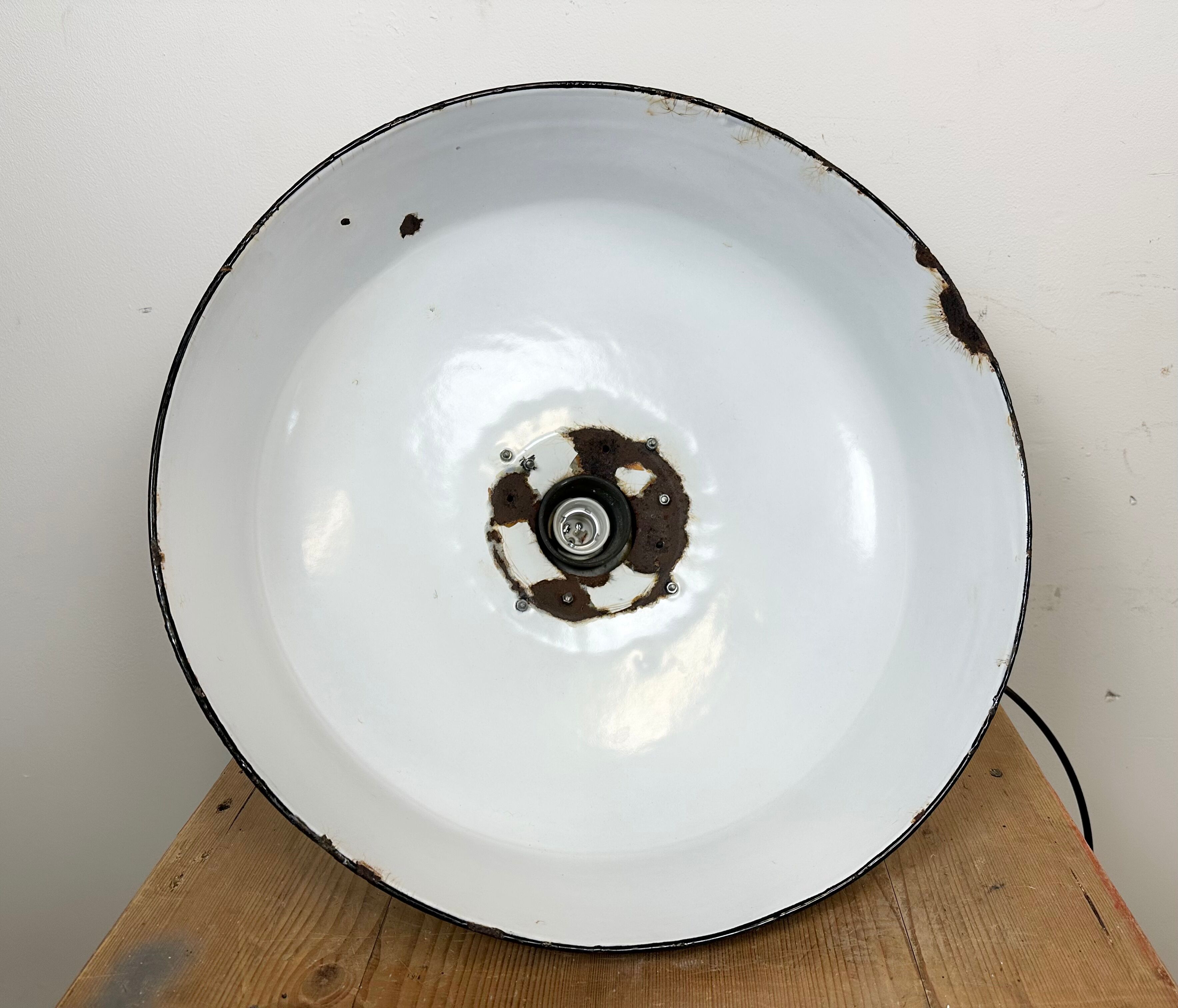 Industrial Black Enamel Factory Pendant Lamp with Iron Top, 1950s