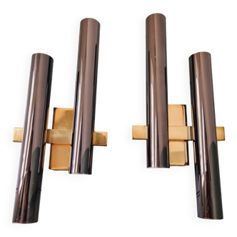 Pair of wall sconces, design G. Sciolari, chrome and brass, 70s