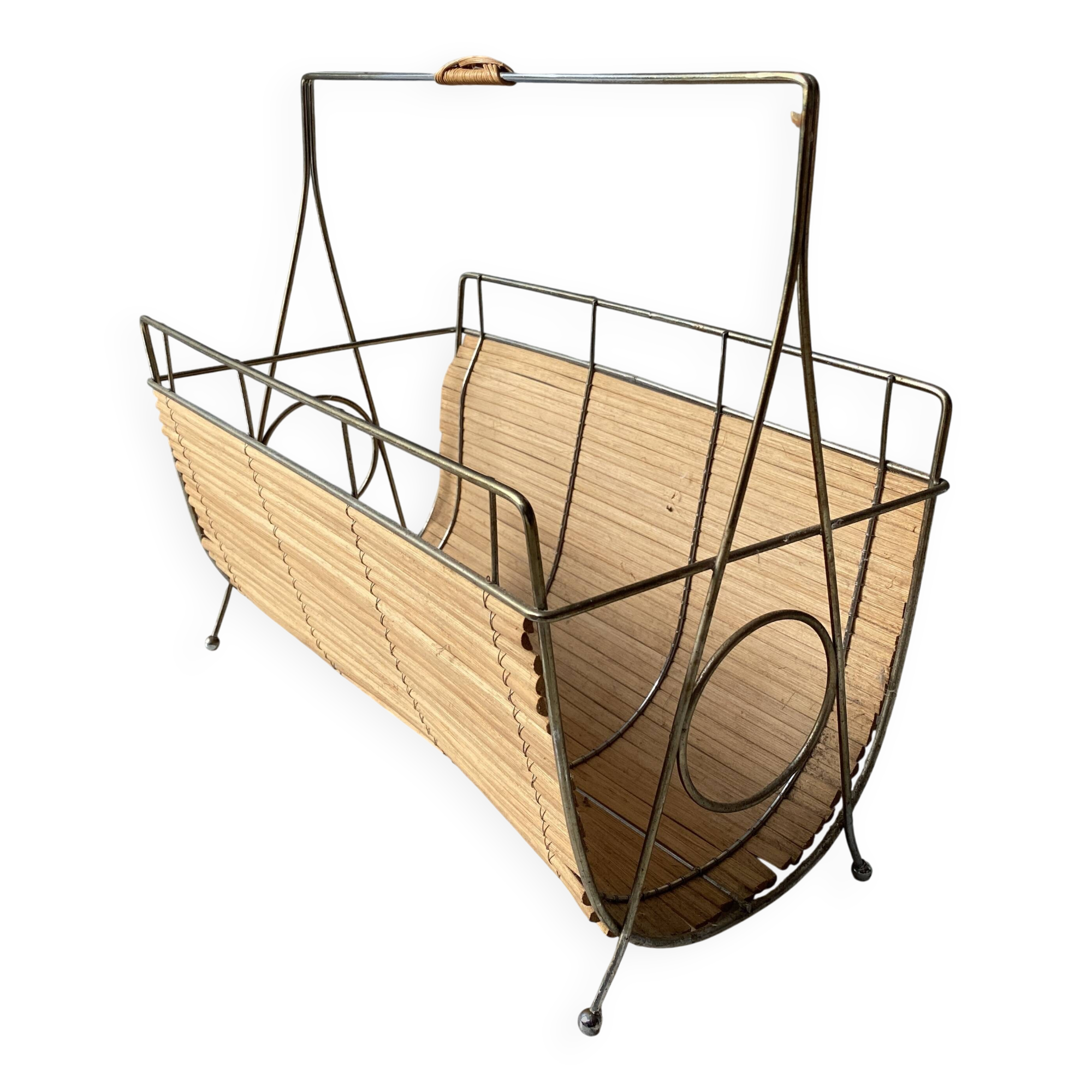 Vintage 1960s magazine rack / newspaper basket, brass & bamboo frame