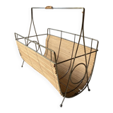 Vintage 1960s magazine rack / newspaper basket, brass & bamboo frame