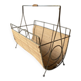 Vintage 1960s magazine rack / newspaper basket, brass & bamboo frame