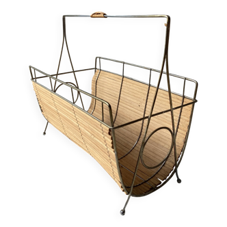 Vintage 1960s magazine rack / newspaper basket, brass & bamboo frame
