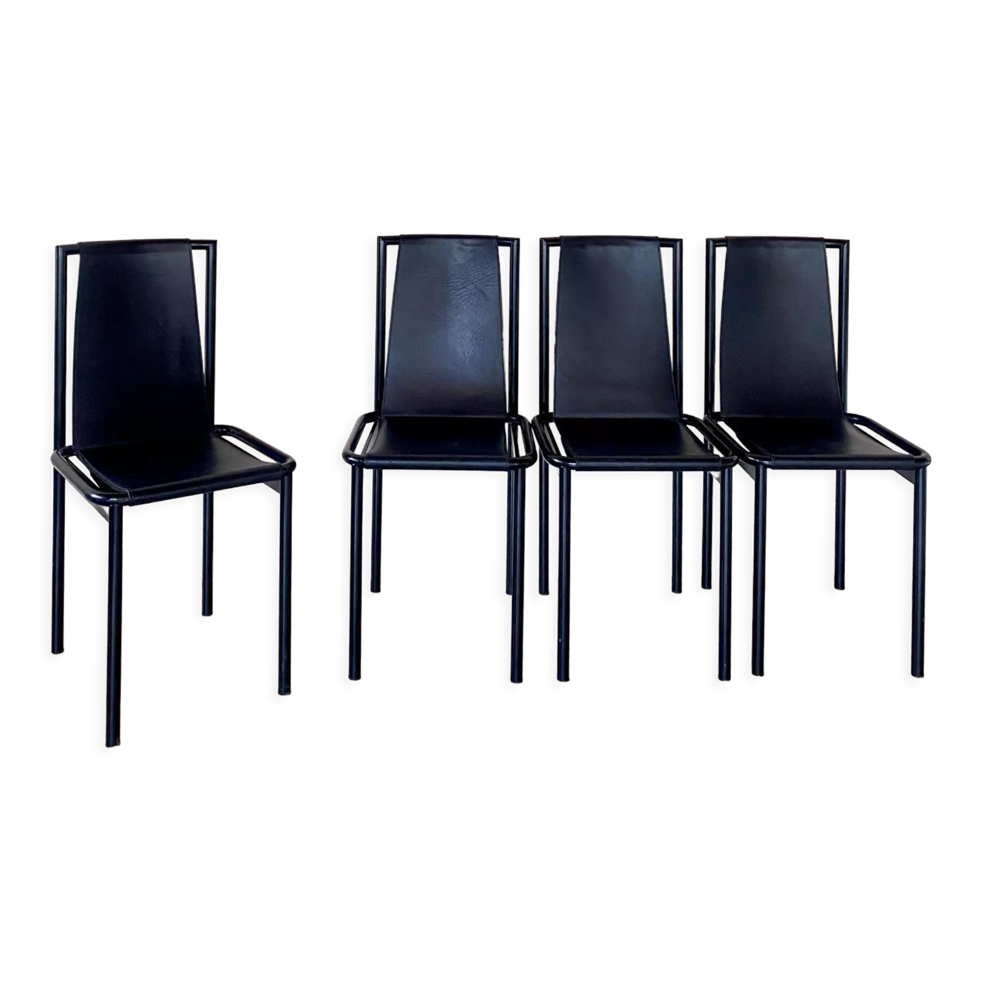 4 chaises design postmodernes en métal et cuir noires, 1980's