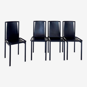 4 postmodern design chairs in black metal and leather, 1980's